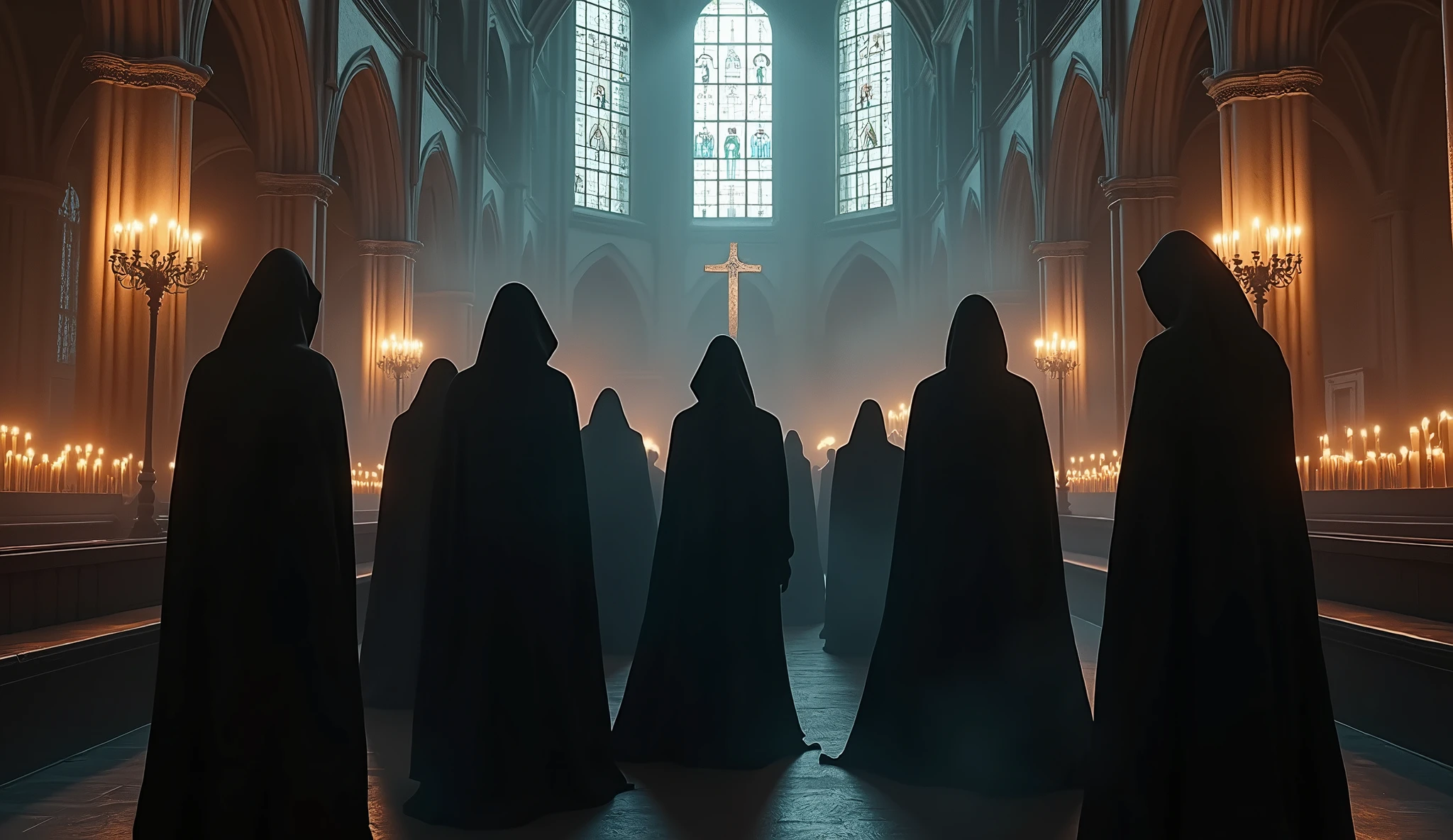 arafed image of a group of people in a church with candles, dark cinematic concept art, elegant cinematic fantasy art, photorealistic dark concept art, by Beeple, dark robes, wojtek fus, gothic epic library concept, gothic epic library, epic cinematic concept art, dark concept art, beeple and mike winkelmann, symmetrical epic fantasy art