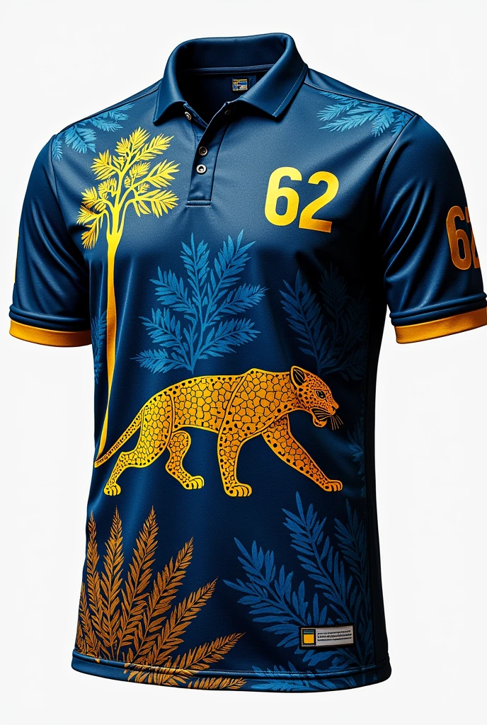 Football shirt in blue and burnt yellow colors Details:indigenous paintings of the Tupi Guarani tribe all over the blouse in white color Jaguar painted in black outlined with gold Number 62 on the upper right side and a golden tree on the upper left side 