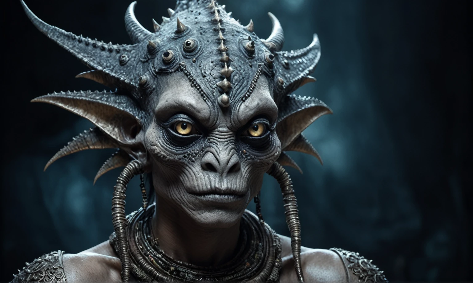 full body length shot,nerd graphite  Alien Entity,native africa slave ,nowadays azctec central city,Cinematic,soft colors, Technicolor,natural skin textures, hyper realism, hyper detailed,Extremely detailed,High contrast,Masterpiece,Realistic,Ultra Detailed, intricate details,realistic humid leather,extremely intricate details,Epic Realistic, cinematic style, irina yermolova,high contrast,hdr,extremely detailed, [deep night landscape],masterpiece, intricate details, eyes extremely detailed, high detailed eyes,8k resolution,retina, Nikon Z9,Korea,orc,Egypt, Pisces, transition between two art styles,full body length, Double contact, X-ray, Creative, vivid light, fantasy, Abstract, Surrealism, super detailed, high resolution,insanity national folk wear,skin  almost translucent, gothic elements, further emphasizing its air,Mestichino,Light particles,chaos,starfish's leather,Angkor Wat of Cambodia,"(The best lighting, dramatic),(alien troll half-skull fetus, Hellraiser, Scars, , without brain, , dog inside the head, terror.),(fish eyes, calaveras)