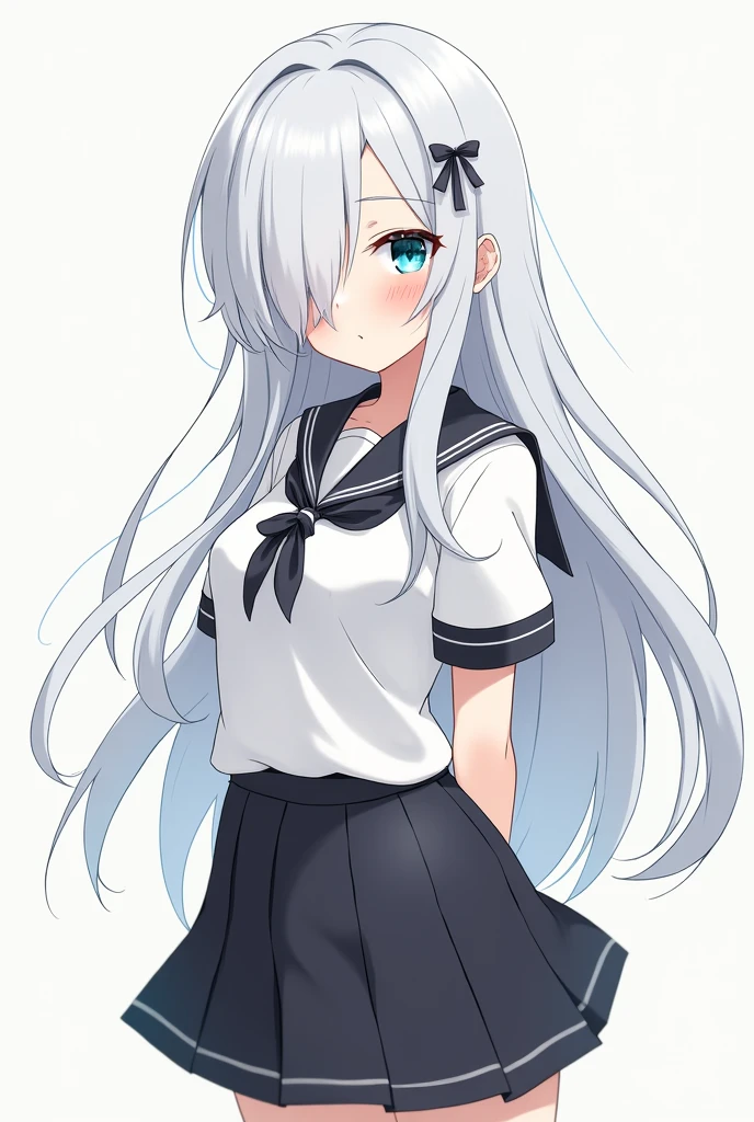 masterpiece, best quality, 1girl, looking at viewer, hair between eyes, aqua eyes, white hair, long hair, ribbon, hair ribbon, school uniform, pleated skirt, white shirt, black skirt, short sleeves, arms behind back, embarrassed, blush,