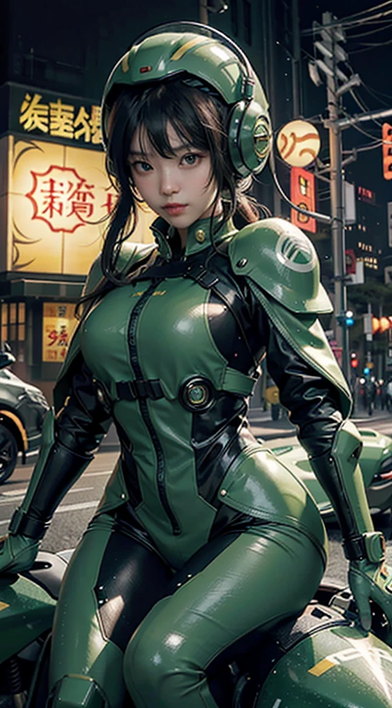The highest image quality, pending details, ultra-high resolution, (真实感: 1.4), the best illustration, favor details, Highly condensed 1girl, with a delicate and beautiful face, dressed in a black and green mecha, wearing a mecha helmet, holding a directional controller, riding a motorcycle, the background is a high-tech lighting scene of the future city.