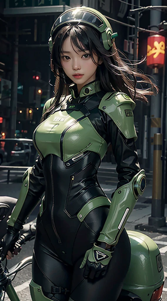 The highest image quality, pending details, ultra-high resolution, (真实感: 1.4), the best illustration, favor details, Highly condensed 1girl, with a delicate and beautiful face, dressed in a black and green mecha, wearing a mecha helmet, holding a directional controller, riding a motorcycle, the background is a high-tech lighting scene of the future city.