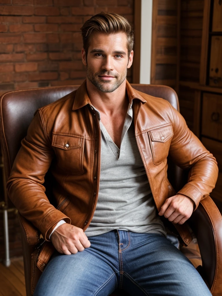 hair, portrait of a ruggedly handsome paladin, muscular, half body, masculine, mature, Retrato de un joven, Muscular very handsome and attractive spanis men, A 40 years old male, Retrato de un joven, Muscular, real, office outfit, sit in a chair, this person wears jeans, a plaid shirt, and a leather jacket. 