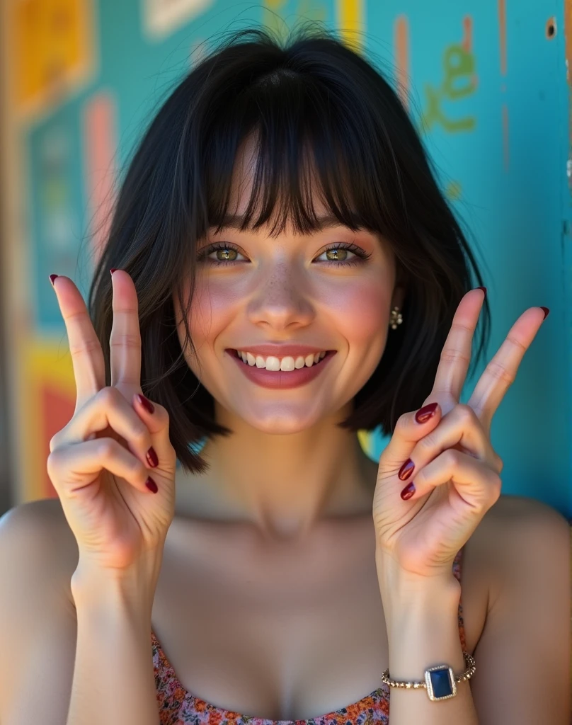 RAW photo, best quality, masterpiece, ((photorealistic)), Polish girl, 20 years old, black hair, Light grey eyes, short bob cut, hair in 7 thirds, hair over one ear, Symmetrical eyes, Detailed Skin, Detailed face, Detailed hands, Big Breasts, rip gloss, Photographed in front of a colorful, stylish exterior wall, smiling, peace sign with both hands, upper body, sunny, outdoors, detailed background,