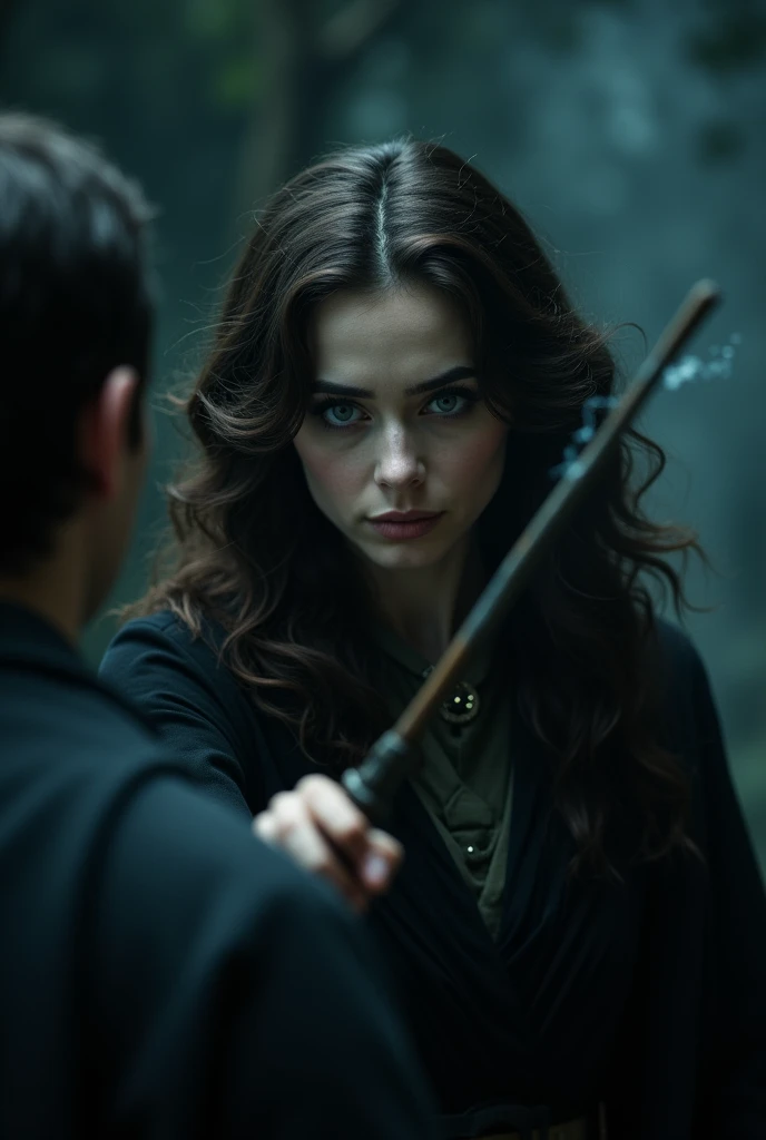 A woman with wavy dark brown hair and blue eyes pointing her wand at a man from behind, her gaze showing sadness. Don't focus on the man's face