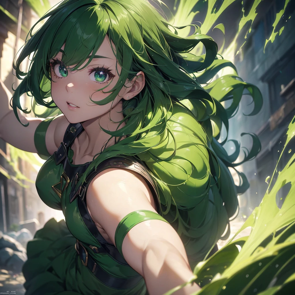 a young boy with green curly hair, beautiful detailed eyes, beautiful detailed lips, extremely detailed face, longeyelashes, wearing a green hero costume, heroic pose, dynamic action, detailed anime style, vivid colors, dramatic lighting, cinematic composition, (best quality,4k,8k,highres,masterpiece:1.2),ultra-detailed,(realistic,photorealistic,photo-realistic:1.37)