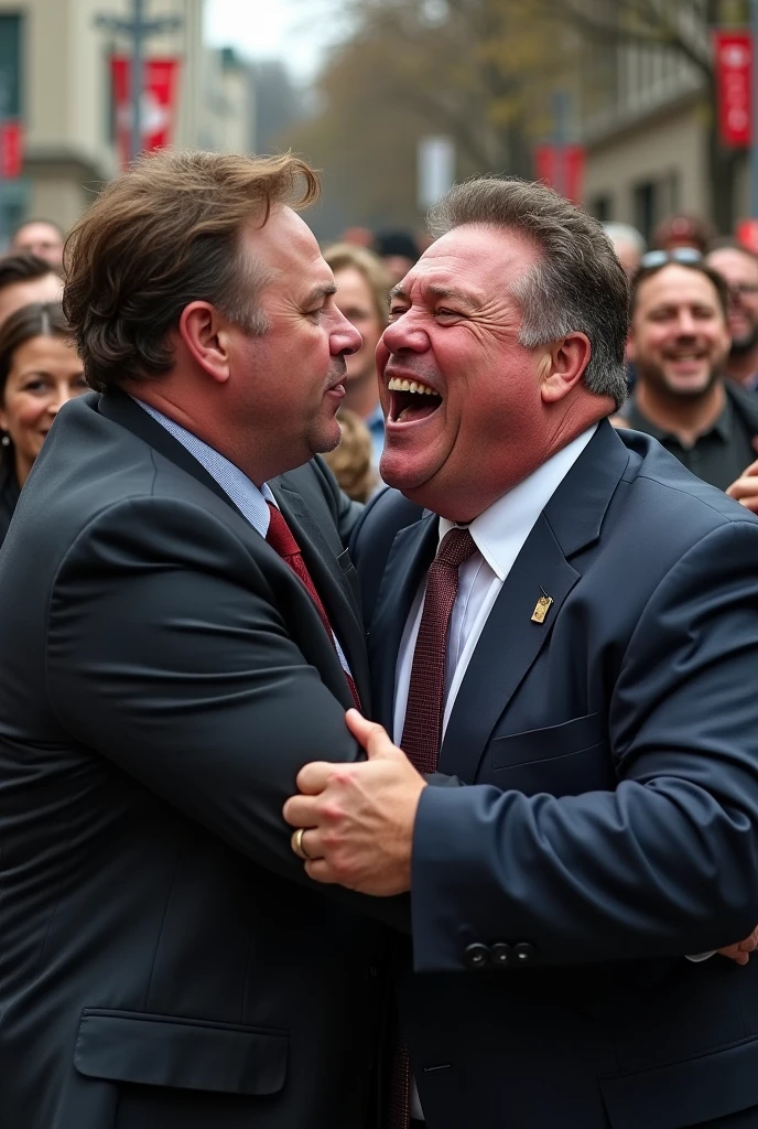 Doug Ford being punched in the face while a crowd cheers in the background. We see the fist connect with Doug Ford's jaw. We see his face being contorted by the fist. We see teeth flying out of his mouth from being punched.