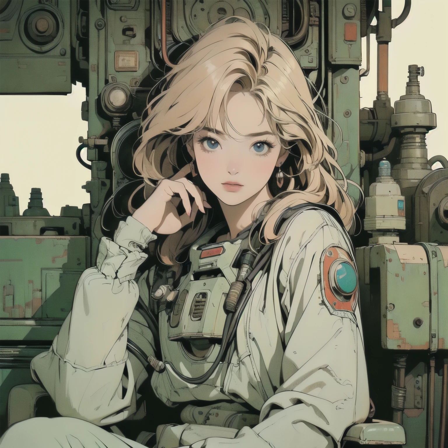 (((masterpiece, Highest quality)))、(((32K Wallpapers)))、The most detailed machine、((Outdated machinery and a woman)))、The most detailed background、(((Flat Chest)))、(((Surrounded by many complex, sophisticated, Outdated machinery)))、Upper Body、 (One person:1.2), ((Overall colorfully))、A perfect Outdated machinery、(((Perfect Face)))、(((The most complete Outdated machinery)))、Detailed Hair、(((White space suit)))、Colorful hair color、(((Rusty valve))), (((Lots of cables)))、(((Sit on a chair)))