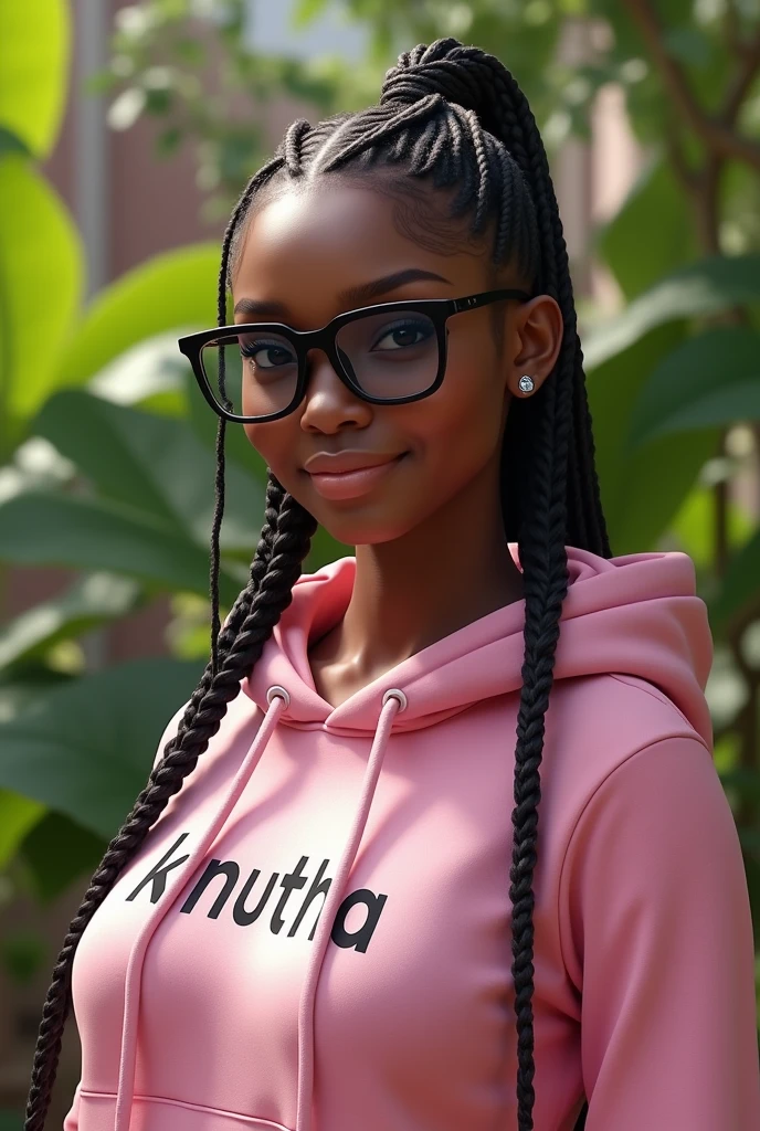 (photorealism:1.2), beautiful black African woman,22 years,,sharp boobs, smiling,wearing a fitting pink hoodie written "Kinuthia",long braids, black  oversized photo chromatic glasses with grey lenses, standing , realistic intricate details,plants in background.Cardi B inspiration 