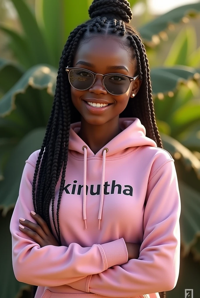 (photorealism:1.2), beautiful black African woman,22 years,baby face,sharp boobs, smiling,wearing a fitting pink hoodie written "Kinuthia",long braids, black oversized photo chromatic glasses with grey lenses, standing , realistic intricate details,plants in background.Cardi B inspiration