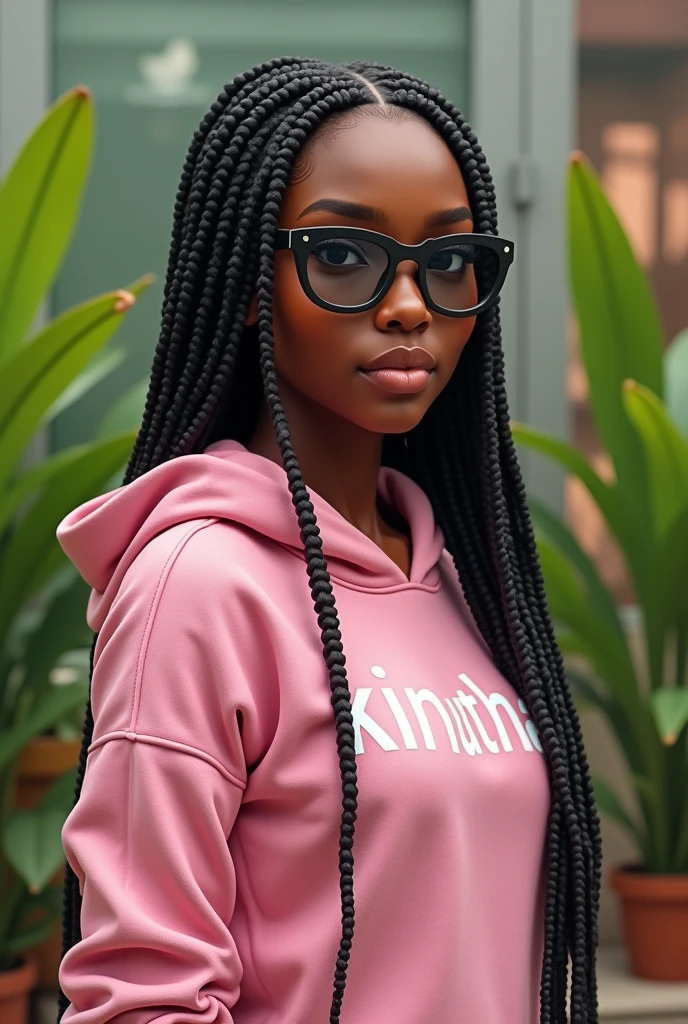 (photorealism:1.2), beautiful black African woman,22 years,baby face,sharp boobs, smiling,wearing a fitting pink hoodie written "Kinuthia",long braids, black oversized photo chromatic glasses with grey lenses, standing , realistic intricate details,plants in background.Cardi B inspiration