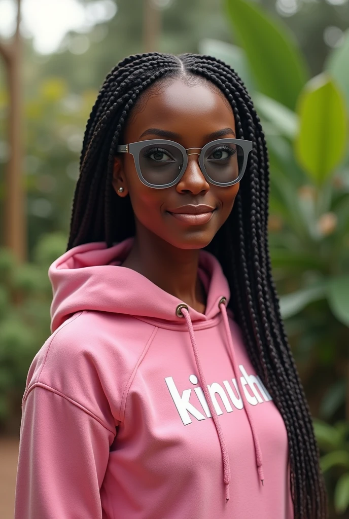 (photorealism:1.2), beautiful black African woman,22 years,baby face,sharp boobs, smiling,wearing a fitting pink hoodie written "Kinuthia",long braids, black oversized photo chromatic glasses with grey lenses, standing , realistic intricate details,plants in background.Cardi B inspiration