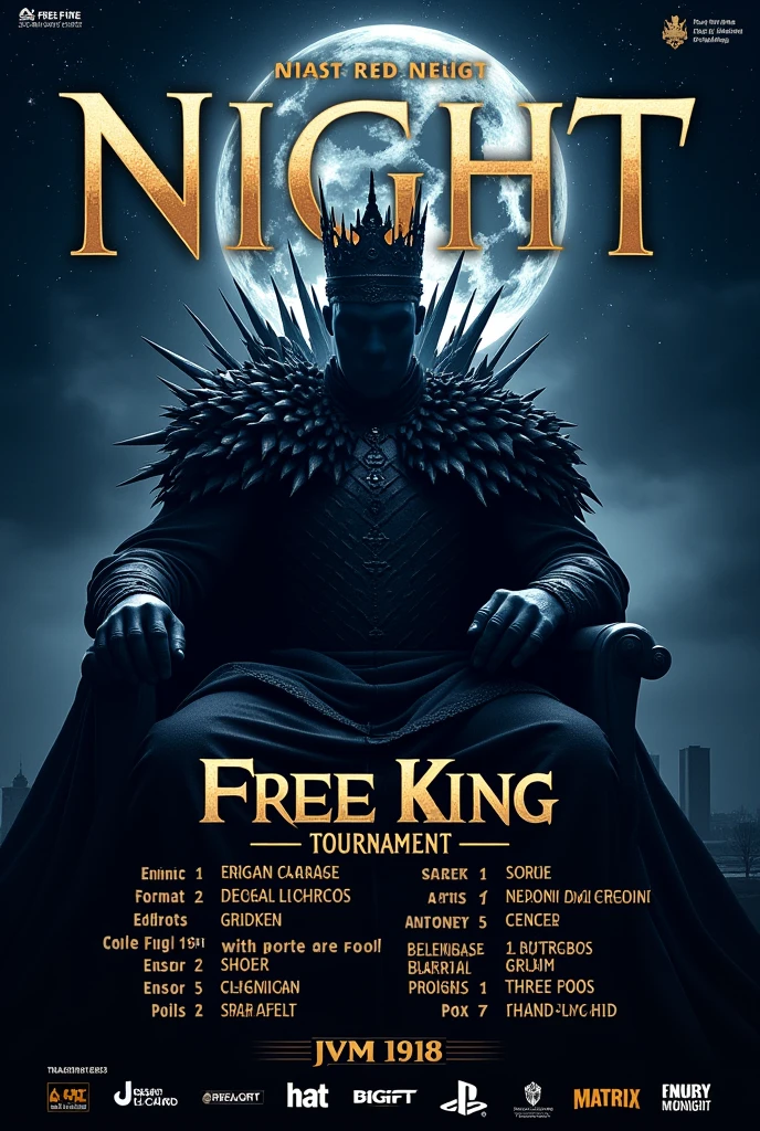 Theme: The "Night King" suggests a dark, majestic, and slightly mysterious atmosphere. Use night-time visuals with a regal touch, like dark blues and blacks with gold or silver accents.
Poster Design
Background:

Use a dark, starry night sky or a dramatic night-time cityscape as the background.
Incorporate elements like a moon or silhouettes to enhance the theme.
Title:

Prominently display “Night King Free Fire Tournament” at the top with bold, dramatic fonts.
Use colors that stand out against the dark background, such as white or gold.
Night King Free Fire Tournament

Tournament information 

Venue: Online
Entry Information:

Entry Fee: ₹300 per team
Per Player Fee: ₹75
Registration: Call [Phone Number] or Email [Email Address]
Online Payment: ₹9767431754
Tournament Format:

Games: 3 Battle Royale (BR) matches
Teams: Each team must consist of players from their own guild.
Minimum Players: Each team must have a minimum of 5 players. Backup players are allowed if needed.
Scoring System:

1 Kill: 2 Points
Win: 10 Points
Prizes:

1st Place: ₹1000
2nd Place: ₹600
Important Notes:

We are not responsible for any network issues or slow internet connections during the tournament.
No third-party apps or hacking tools allowed. Violation will result in disqualification.
Future Tournaments:

If this tournament is a success, we plan to organize more tournaments!
Follow Us:

YouTube: BR GAMING
Facebook: Night King
Contact for Queries: [Phone Number or Email]
Add the information in poster 
