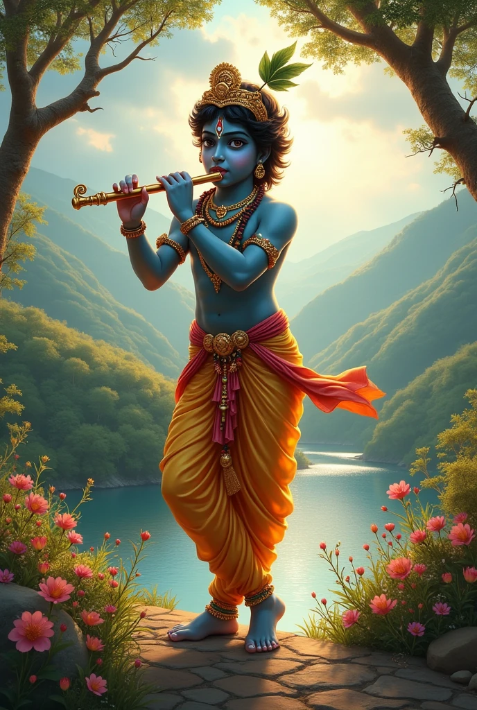 I can create a custom image inspired by the deity Krishna. Please provide some details or themes you'd like to include, such as the setting, colors, or specific elements like Krishna playing the flute, or surrounded by nature.