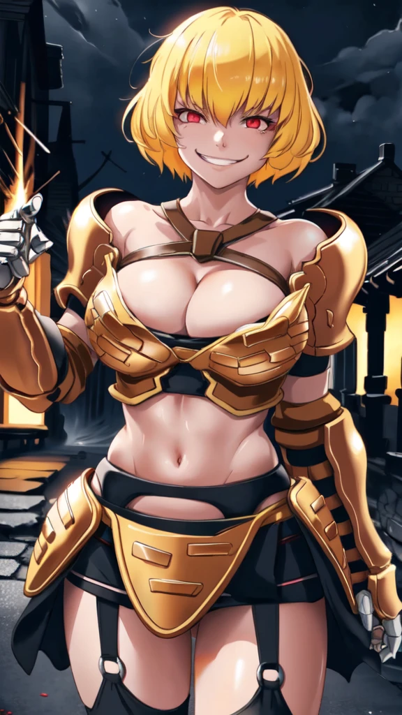 ((((hide hand)))), 1girl, clementine \(overlord\), armor, garter belt, gauntlets, blonde hair, short hair, red eyes, smile, psycho smile, mouth open, psycho face, empty eyes, crazy eyes, crazy smile, (nighttime, night, dim lighting, dark atmosphere), masterpiece, extremely detailed CG unity 8k wallpaper, best quality, 32k, focus sharp ,((huge breast)),