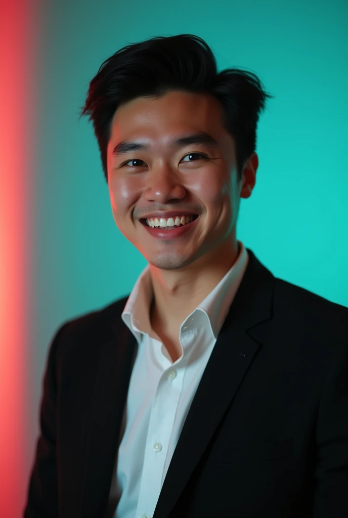 A young man with dark hair and a confident smile. He is dressed in a black blazer over a white shirt. The man is positioned against aqua colour backdrop with a subtle red lighting on the left side. and he posing for Linkedin profile