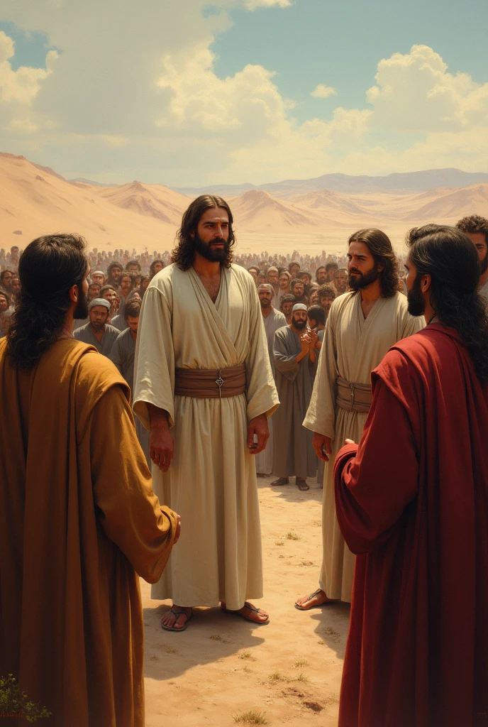 Jesus talking to the disciples about the hungry crowd in the desert
