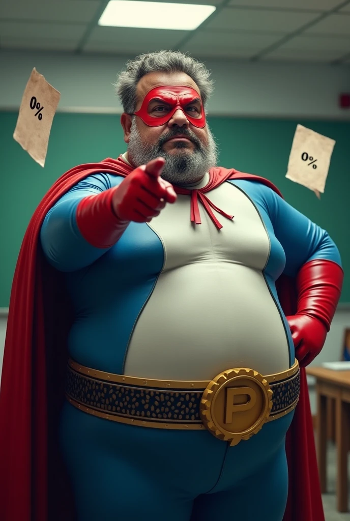 a middle-aged man age 39 year old, a man real Malaysia Indonesia . . Anger face. big nose. Big belly fat.. ((wear red color domino mask). Open mouth. . wearing an blue white jumpsuit spandex latex.Small honeycomb detail suit, ((wear big belt "P" font logo. anger face . Dramatic)).((Blue cargo pant, detailed face, cinematic , dramatic atmosphere,.nice day. vibrant colors, 8k, high quality, photorealistic.. Wear red hand glove. Red cape. Very short hair messy wavy .. beard face. Falling paper exam "0%"on paper. Pointing hand pose . Background class room