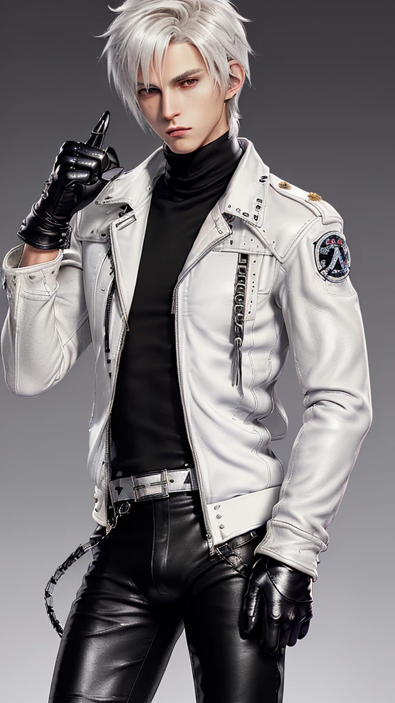 Final fantasy taste and reality graphics, Japanese young cute and cool ikemen boy, his age is early 20s, thin eyebrows and beady eyes, (((he wearing off white color single-brest leather jacket and with epaulet))), ((leather jacket is close all zippers)) , ((jacket collar is high length, and stand-up collar with belts)),(jacket is simple design), ((also wearing black thick turtleneck polyester shirts)), put on tight black leather pants, (((put on shiny black leather glove,covers full finger))), black leather knee-high raceup boots, head-to-toe,whole body, boy looks like fashion model,hair is black