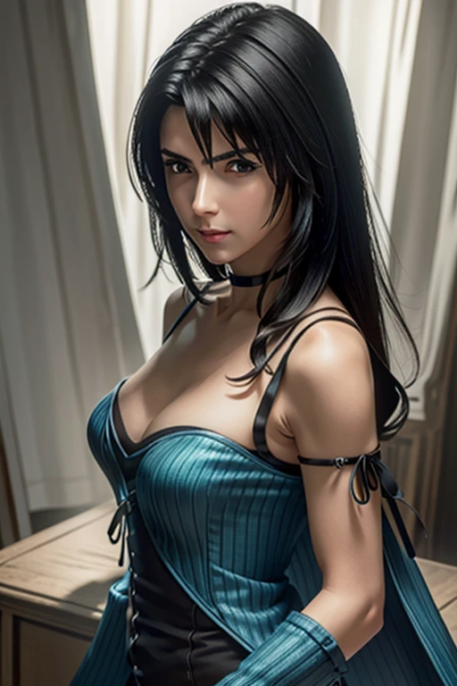 ((ultra detailed, masterpiece, best quality)) FF8Rinoa, 1girl, solo, single braid, blue eyes, black hair, black hairband, black choker, medium Breasts hanging, black corset strapless sexy,
