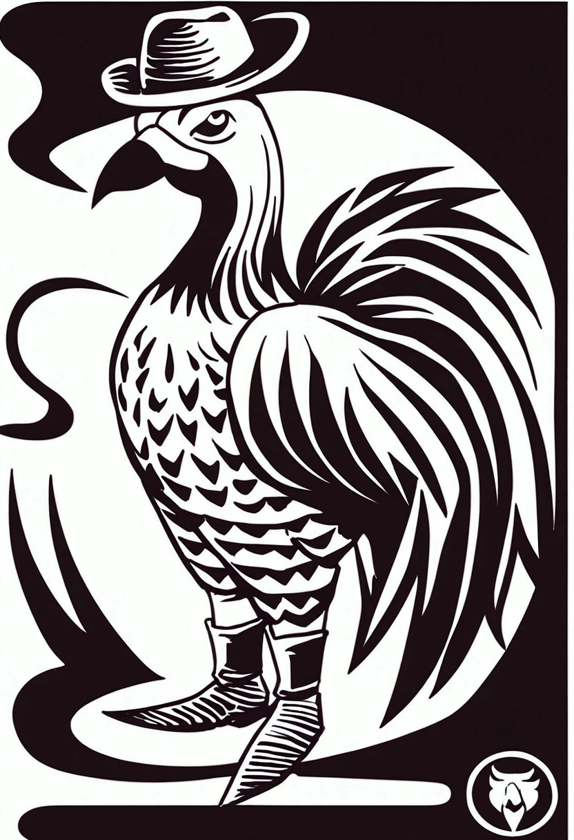 Vulture with cowboy hat and mustache in logo form (like the rooster in the reference image), black lines and white background