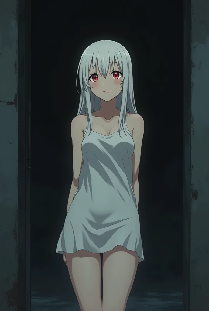 The image is in the style of a Ghibli studio anime., although somewhat gloomy and adult, It features a 20-year-old albino adult woman.. She is standing in front of a black wall, She has long hair and red eyes. He appears happy with a tender smile. She has a white dress stained with blood in various places., that reaches to the knees. strong thighs.
