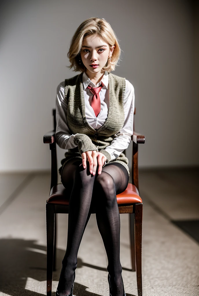 (RAW shooting, Photoreal:1.5, 8k, highest quality, masterpiece, ultra high resolution), perfect dynamic composition:1.2, Highly detailed skin and facial textures:1.2,(beautiful and aesthetic:1.2,Fair skin:1.2, full body:1.2,sitting:1.2,chair:1.2,legs together:1.2), (large breast:1.4), (perfect limbs:1.2), (perfect fingers:1.2),(caucasian,1girl,earrings,makeup, tall,standing,short blonde hair,(dark brown vest:1.2,white shirt:1.2,long sleeves,long necktie,fingerless gloves),(bottomless:1.2, pantyhose:1.2),(perfect thigh:1.2)),(simple background:1),