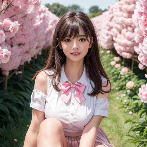 Pink short pleated skirt, in the flower field，Wearing a white sailor suit，white shirt，(knee shot) ,pink bow tie，Pink navy collar，1 female, On the face, laughing out loud, light brown hair, blunt bangs, hair behind ears, Shoulder-length hair, long hair, Slender body type, 超face slimming型, face slimming, delicate lips, beautiful eyes, Thin blush, Eyes are light brown,View here, (actual:1.3), One person's perspective, 8k, Super detailed, high quality, best quality, High resolution, ，Large Breasts，wear a H cup, 3,above knee shot