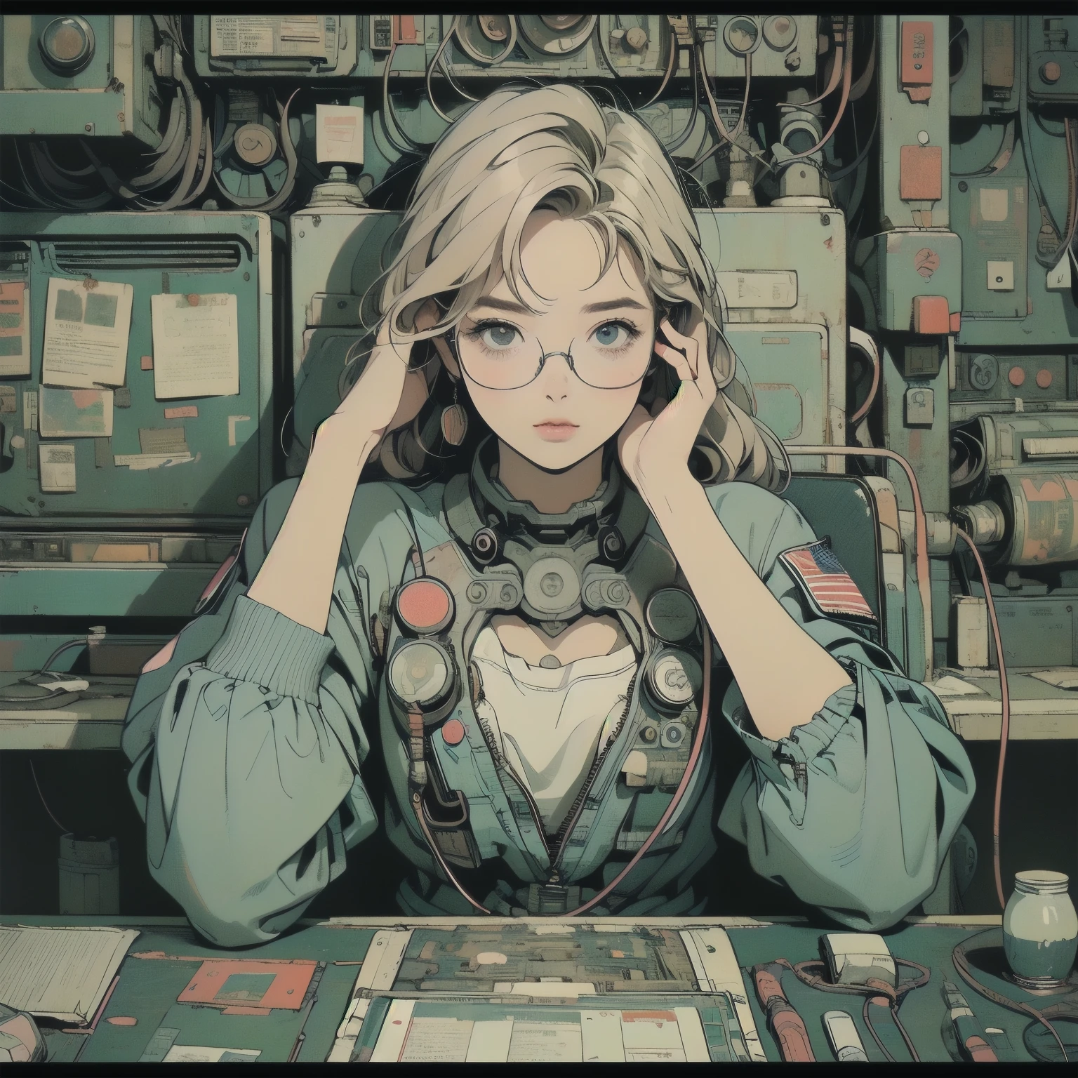 (((masterpiece, Highest quality)))、(((32K Wallpapers)))、The most detailed machine、((Outdated machinery and a woman)))、The most detailed background、(((Flat Chest)))、(((Surrounded by many complex, sophisticated, Outdated machinery)))、Upper Body、 (One person:1.2), ((Overall colorfully))、A perfect Outdated machinery、(((Perfect Face)))、(((The most complete Outdated machinery)))、Detailed Hair、(((White space suit)))、Colorful hair color、(((Glasses))), (((Lots of cables)))、(((Sit on a chair)))