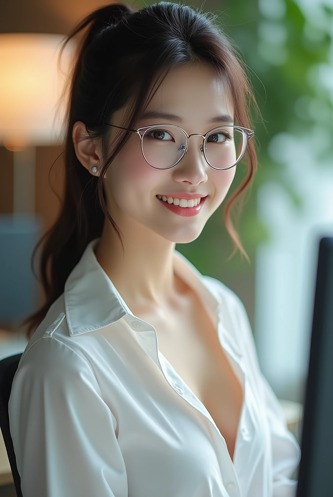 Fair skin Glowing Skin Resembles Kyoko Fukada Large, moist eyes Long Hair、ponytail Wearing small earrings。 Wearing glasses。office Smiling through the computer。The cleavage slightly visible through the white shirt is sexy
