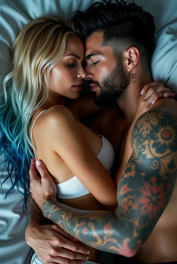 vivid, hd, zoomed out, a gorgeous smiling, Caucasian woman, soaking wet hair long blonde hair with blue ends, blue eyes, beautiful makeup and contour, tattoos, laying down seductively on a bed, wearing an crop top kissing a handsome Caucasian man with jet black hair with skin fade, short black beard, tattoos, blue eyes, athletic build, muscle shirt,