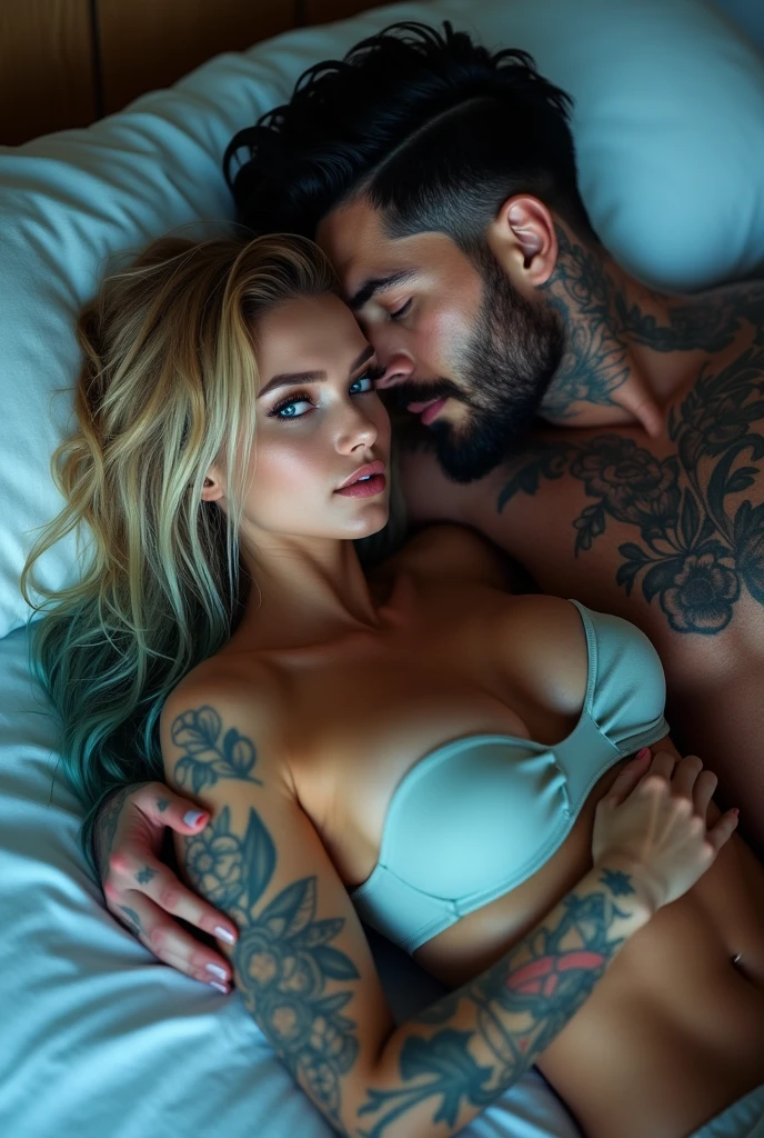 vivid, hd, zoomed out, a gorgeous smiling, Caucasian woman, soaking wet hair long blonde hair with blue ends, blue eyes, beautiful makeup and contour, tattoos, laying down seductively on a bed, wearing an crop top kissing a handsome Caucasian man with jet black hair with skin fade, short black beard, tattoos, blue eyes, athletic build, muscle shirt,