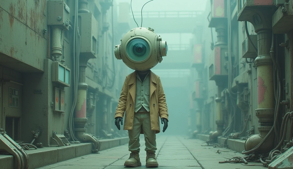Top quality, masterpiece, cement building background, complex machine room interior background, pastel colors, creature with magnifying glass as head, complex mechanical body, science fiction, detailed science, life science, pastel colors, wearing complex and delicate clothes, detailed image texture, bizarre, horror, creepy atmosphere (not AI image), cloudy weather, pastel colors, foggy, low saturation image