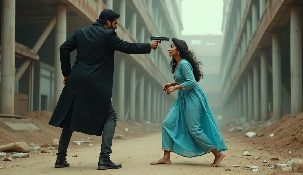 A 24 year old beautiful Indian girl named Shreya, a 25 year old boy who has a gun pointed at her head and that boy is wearing black jeans and black overcoat, and the girl bent down in action to save herself from the bullets of the gun and that boy remained standing with the gun Both of them are standing below an Indian under construction building and the girl is wearing a sky blue frock and the girl's name is Shreyaa