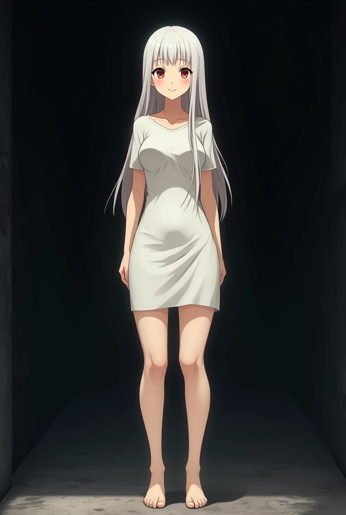 The image is in the style of a Ghibli studio anime., although somewhat gloomy and adult, It features a 20-year-old albino adult woman.. She is standing in front of a black wall, She has long hair and red eyes. He appears happy with a smile. She has a white dress that reaches her knees.. strong thighs.