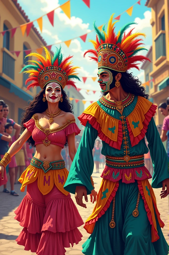 An illustration of the dancers of the Tlaxcala carnival, the huehue