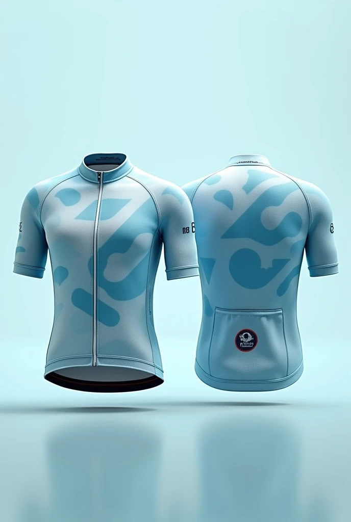 Create a cycling jersey with the latest fashion designs, with the colors white and light blue, The image must contain the front and back view of the jersey , and must contain on the back the logo of a guinea pig and on the front the logo of an achira