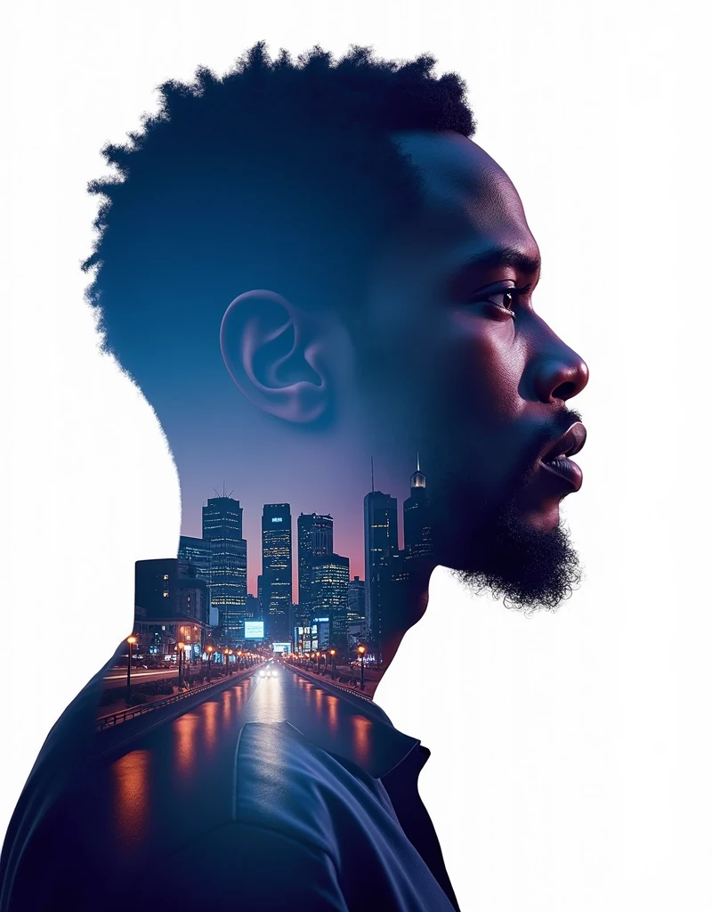 Innovative double exposure artwork showcasing african male, side shot, filled with a bustling johannesburg at night, blue and purple shades, ultra-high resolution 32k, white background