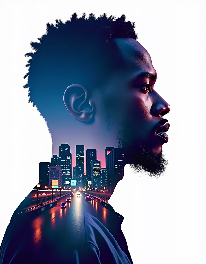 Innovative double exposure artwork showcasing african male, side shot, filled with a bustling johannesburg at night, blue and purple shades, ultra-high resolution 32k, white background
