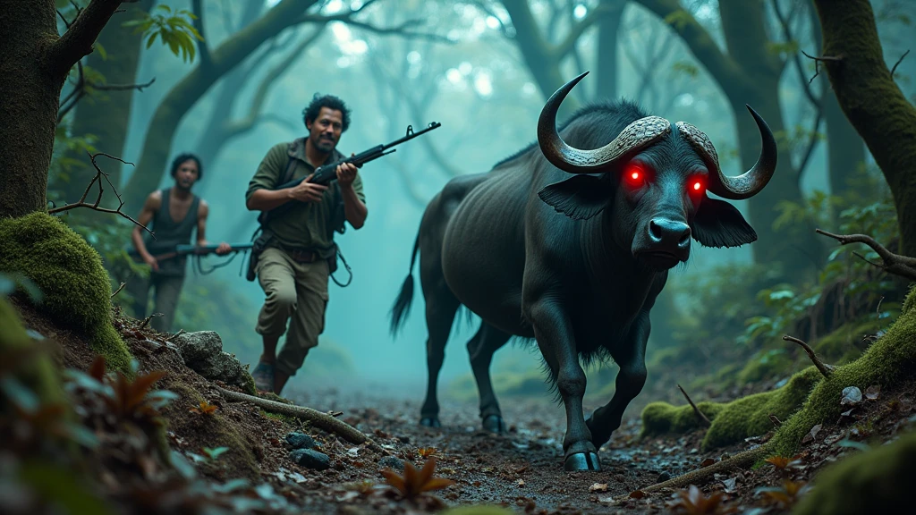 Two Indonesian hunters with guns run after a red-eyed buffalo in a strange forest 8k