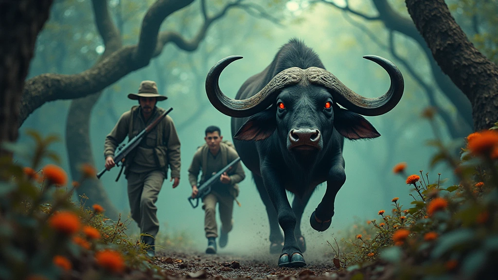 Two Indonesian hunters with guns run after a red-eyed buffalo in a strange forest 8k  