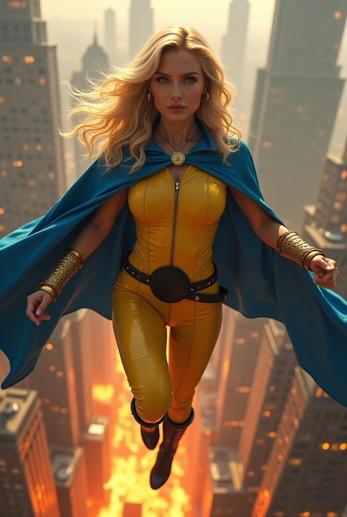 A beautiful blonde woman wearing a yellow leather jumpsuit Yellow corset with a blue cape This outfit has a belt with a large round black plate Gold colored bracelets Black tight boots up to her knees Sexy outfit Flying over the city Skyscrapers and buildings on fire