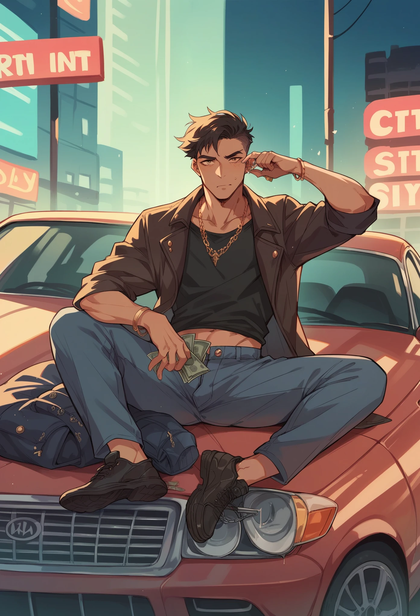 Man smoking sitting on a box in a dark garage with neon lights