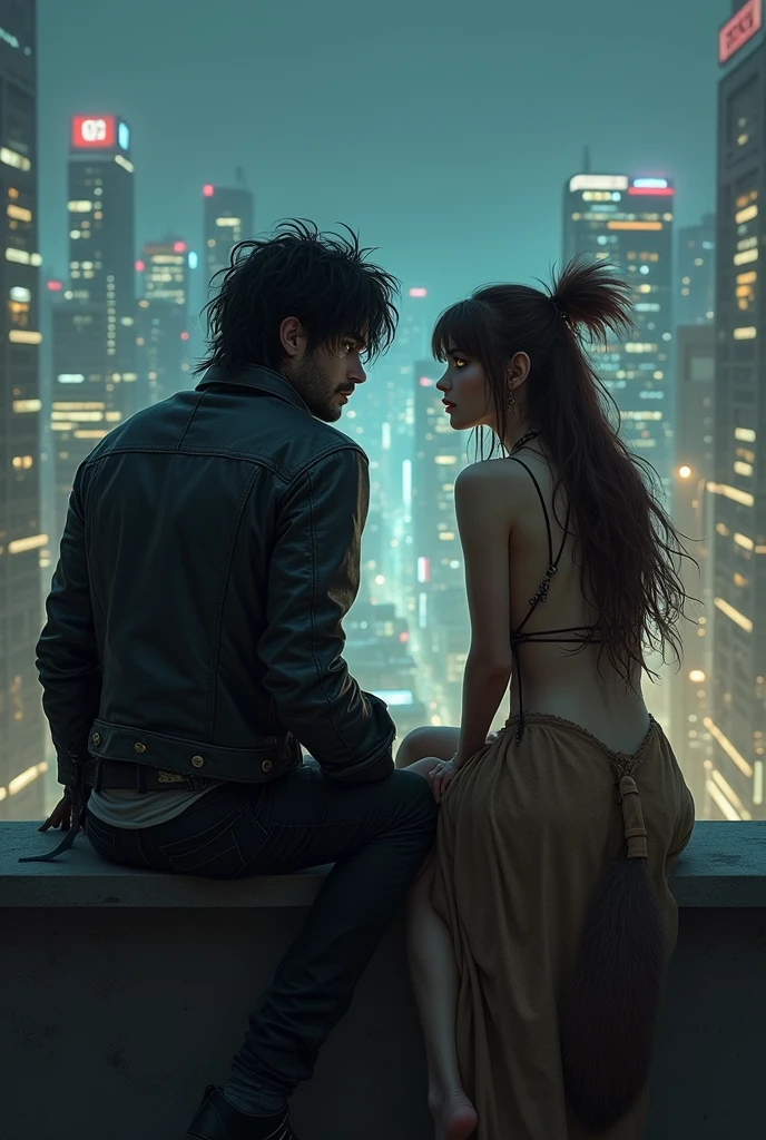 Man with messy black hair down to his shoulders , black rock pants and a leather jacket.
WOMAN with unruly brown hair and a simple native dress down to her knees, she with yellow eyes and a wolf tail.
They are sitting on the edge of a building talking, looking at the night city
