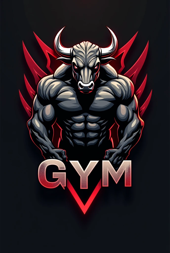 Design a powerful and dynamic logo for a gym brand featuring a strong, muscular bull as the central figure, symbolizing strength, power, and determination. The bull should have well-defined muscles, with a stance that conveys energy and dominance, embodying the essence of fitness and strength training. Use sharp, angular lines to emphasize the bull's muscular build and add a sense of intensity. Incorporate bold, dark tones like black, deep red, or metallic gray to create a fierce and commanding presence. The logo should include the word 'GYM' in a bold, modern font that complements the aggressive and energetic vibe of the design