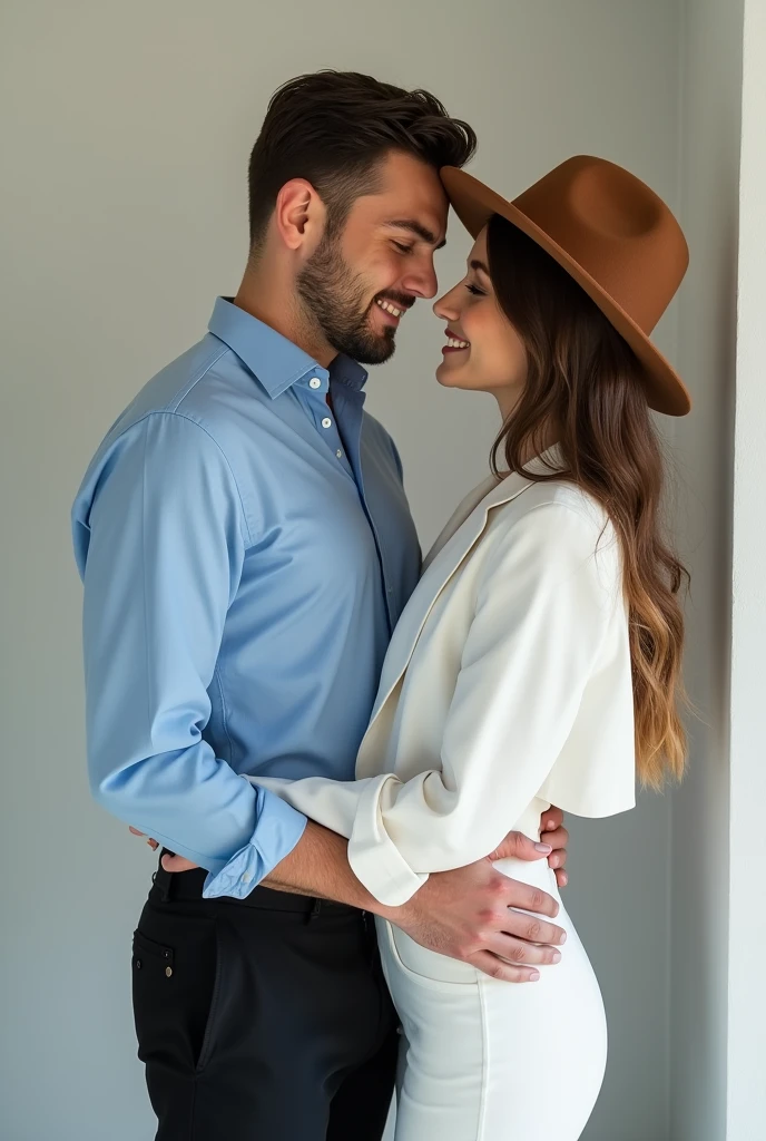 20 years old a handsome guy wore blue dress shirt and deep black hammer pants and his girlfriend wore white plain Co-ord Set and a cute brown hat front photo 
