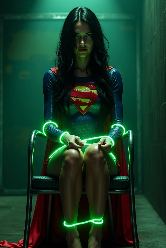 A PERIL BONDAGE SCENE WHERE A HOT SUPERGIRL WITH LONG BLACK HAIR WEARING HER ICONIC SUPERGIRL OUTFIT AND CAPE, HER HANDS, FEET AND WASTE TIED UP WITH LOTS OF GLOWING GREEN KRYPTONITE ROPE WHILE SITTING IN A METAL CHAIR, COMPLETELY HELPLESS IN A PITCH BLACK ROOM. INCREDIBLE DETAILS, HYPER DETAILED IN 8K RESOLUTION