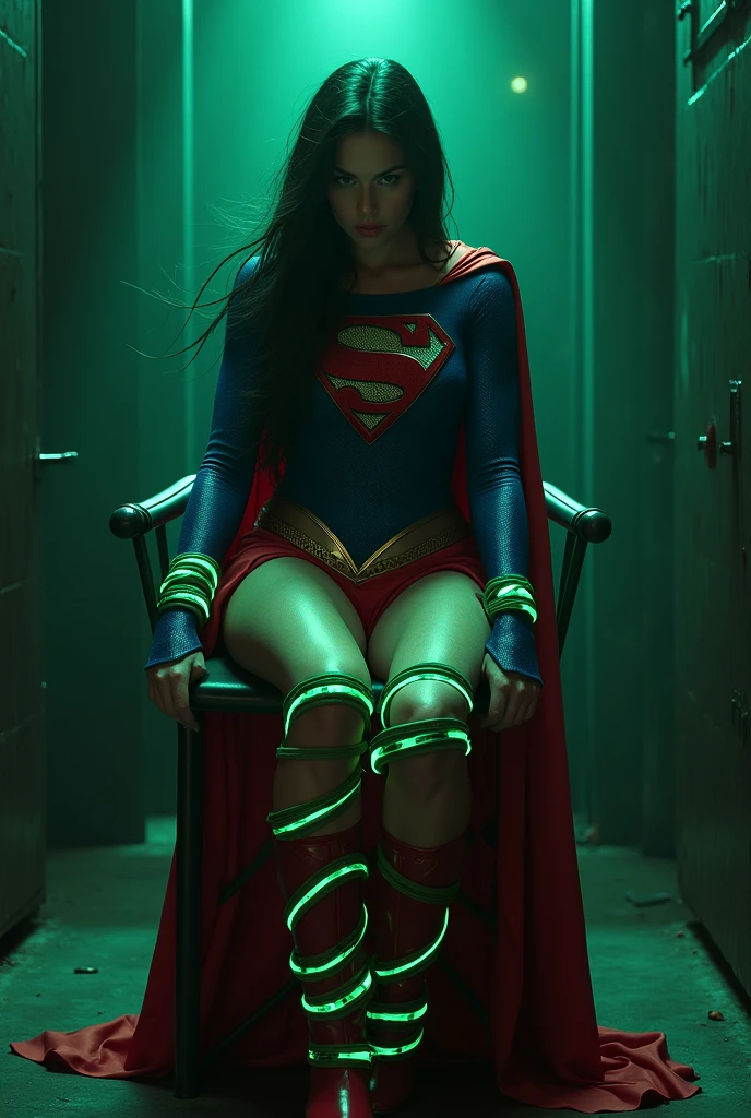 A PERIL BONDAGE SCENE WHERE A HOT SUPERGIRL WITH LONG BLACK HAIR WEARING HER ICONIC SUPERGIRL OUTFIT AND CAPE, HER HANDS, FEET AND WASTE TIED UP WITH LOTS OF GLOWING GREEN KRYPTONITE ROPE WHILE SITTING IN A METAL CHAIR, A BALL GAGG COVERS HER MOUTH, COMPLETELY HELPLESS IN A PITCH BLACK ROOM. INCREDIBLE DETAILS, HYPER DETAILED IN 8K RESOLUTION