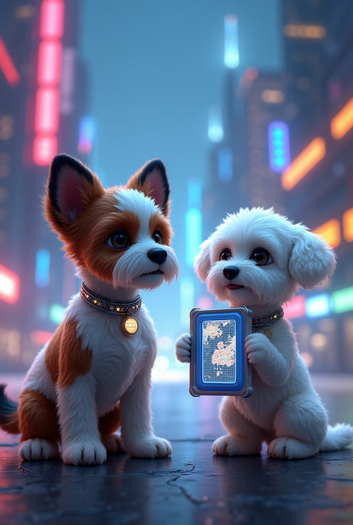 Royal Bichon Havanese female dog with brown and white spotted face and black chestnut ears, next to a white cockapoo dog in the middle of a dazzling futuristic city. Tall glass and metal buildings rise in the background, illuminated by neon lights and floating holograms. Cooper is in the foreground, with its bright white fur contrasting with the city lights. He wears a technological necklace that emits a faint glow..On its paws, He holds an ancient device with a holographic screen that projects a glowing map. Around it, You can see details of the underground city and the adventure you are about to embark on..