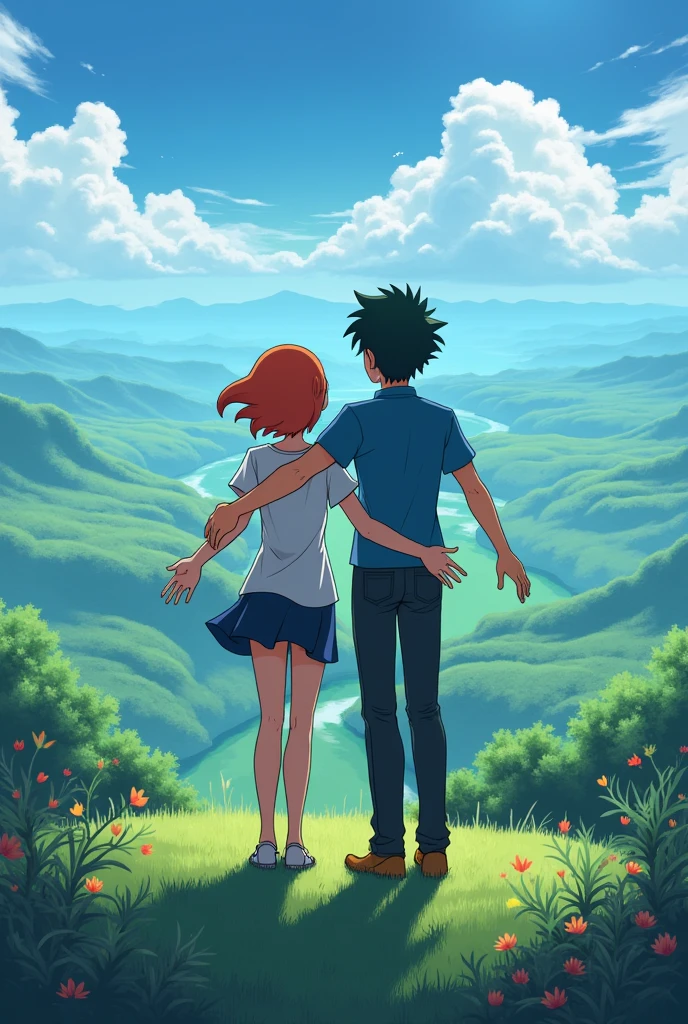 Make Ash and Misty from Pokemon doing the Titanic scene.
Make misty with her short hair . Make z misty open her arms enjoying the view while Ash hugs her from behind 